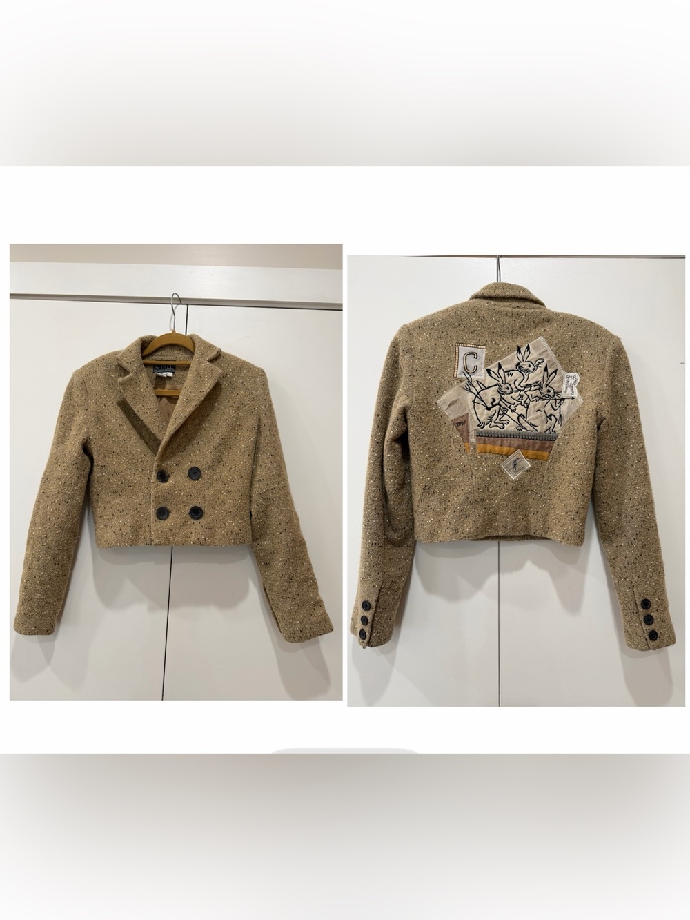 VTG Christian Francis Roth Tweed Jacket Cropped Patchwork Rabbit Art Blazer 90s